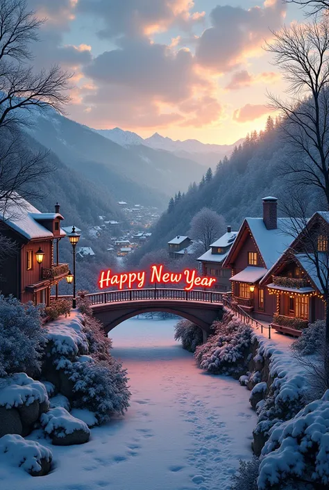 European scenery at the end of the year and a sign with the name Happy New Year in English 