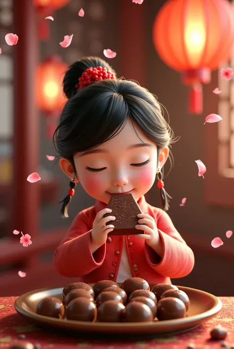 I need a chines cute girl eating chocaltes