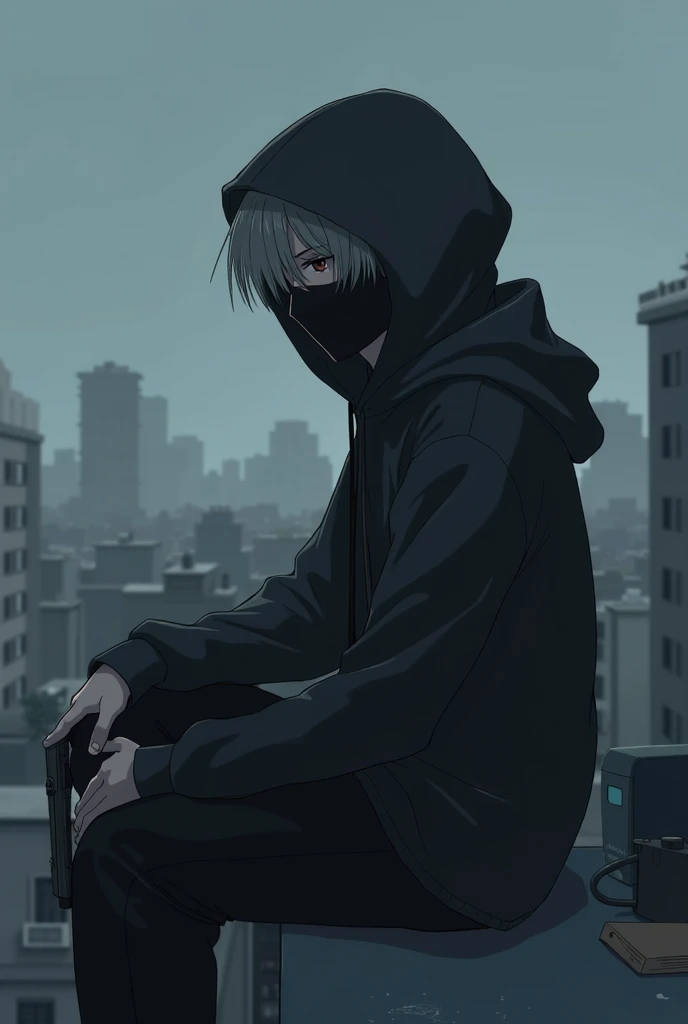 black hoodie anime bored boy looking at the scene while sitting on the roof with a gun covered with mask and shadowed head (left side pov) wearing gojos blindfold