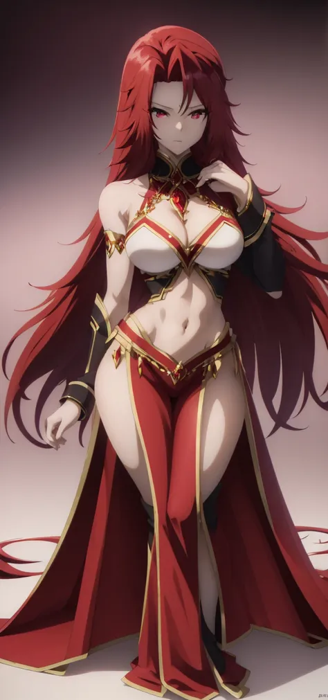 a ( super realistic ) beautiful( Iris midgar)WITH ( eyes WITH rojos)  and white clothing ( Detailed ) WITH gold jewellery on breast,  beautiful breasts(sexy),  long beautiful red hair , hyper  Detailed  cuerpo completo ( standing in a medium position )