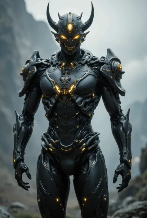 Warframe,A futuristic mecha-robot, a blend of science fiction and advanced machinery, stands solo with its hands clenched. The robot’s full body is visible, with intricate cables and glowing elements woven into its design. It features prominent horns and y...