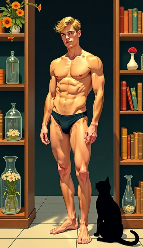 (aerial  view), ((An artistic illustration inspired by jc leyendecher+art_deco style. a young blond slender perfect proportions fitness body gourgeous, standing next to a large shelves with books, flowers and cristal jarrs, his body relaxed but with a conf...