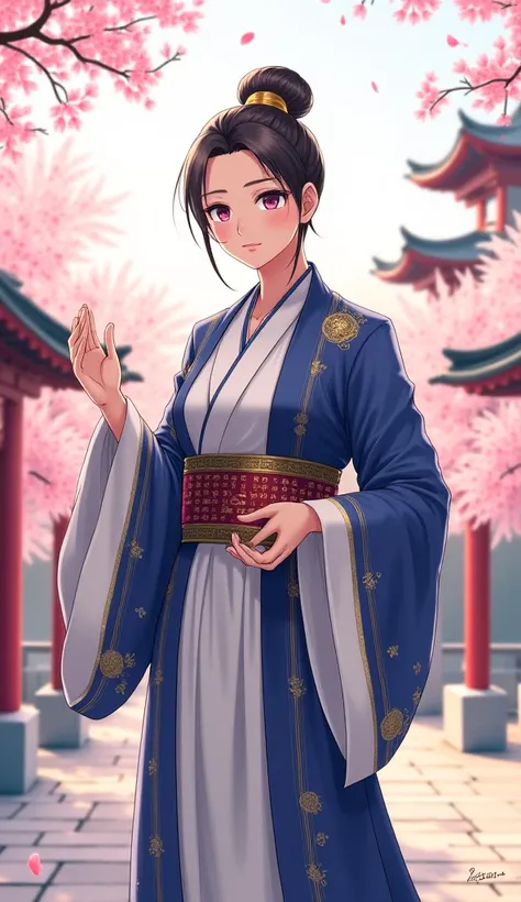 Confucianism
"An anime character representing Confucianism, dressed in elegant traditional robes of deep blue and white, adorned with golden patterns symbolizing balance and order. Their hair is tied in a high bun, and they carry a scroll with glowing anci...