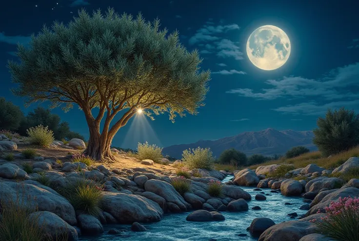 A spiritually rich depiction symbolizing the mission of Prophet Ilyas (AS). The scene centers on a majestic olive tree glowing softly under a moonlit sky, symbolizing wisdom and faith. Nearby, a flowing stream sparkles faintly, reflecting divine blessings....