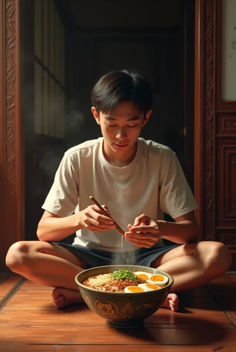 A man sits on his knees eating ramen on the floor in a Thai house