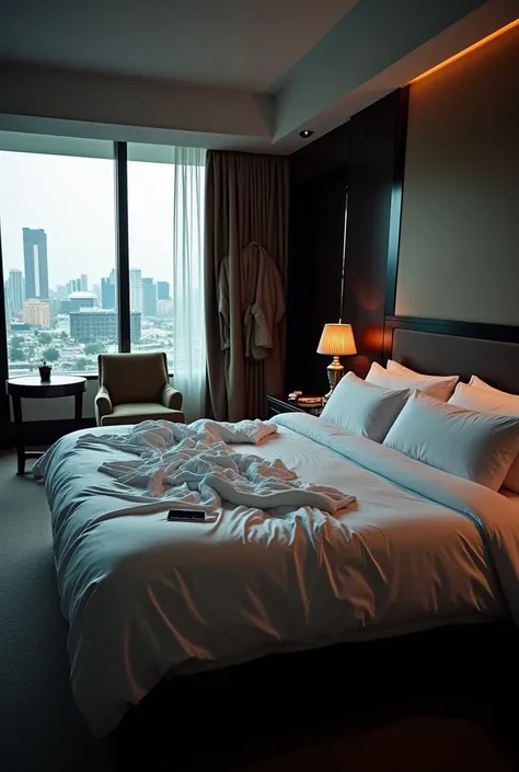 A luxurious modern hotel room with an atmosphere of tension and drama. The room features a king-sized bed with rumpled white sheets, hinting at a restless night. The decor is elegant and upscale, with sleek furniture, a dark wood headboard, and large floor...