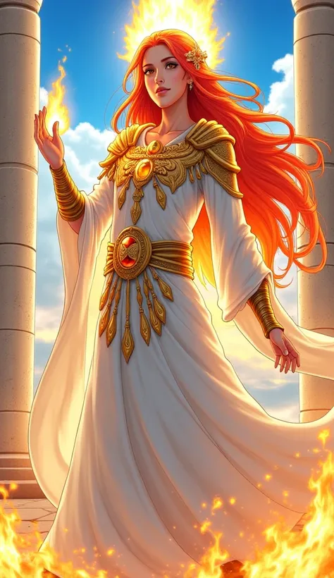 Zoroastrianism
"An anime character inspired by Zoroastrianism, with flowing white robes adorned with golden fire motifs. Their long, fiery red hair seems to glow like living flames, and their amber eyes shine with divine intensity. They hold a sacred fire ...