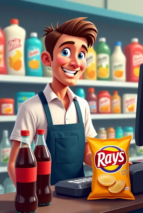 Smiling male cashier at a supermarket checkout, scanning items – two bottles of fizzy cola and a bag of Rays chips, appearing cheerful and helpful], [Digital painting, stylized realism], [No specific artist reference, inspired by game art styles], [Bright,...