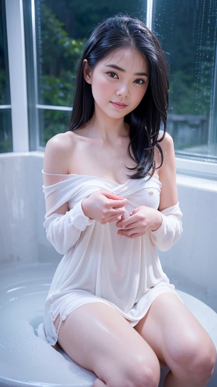 RAW, Best quality, high resolution, Masterpiece: 1.3), Beautiful woman, high resolution, (small breasts:1.3), Masterpiece, soft smile, dark clouds, white Chiffon maxi dress, shawl, long sleeve shirt, soaking wet, high resolution, 4k, HDR, photorealistic, r...