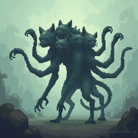 six-heads, cat tail , twelve hand and legs , sea-swallowing monster ,pixel , pixel art , fog