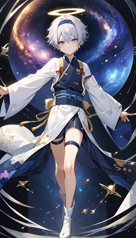 Fresh illustration,
Ultra-fine drawing,
Very delicate illustration,
Very fine details,
Only one boy,
Arms slightly outstretched,
Height 158cm,
Fair skin,
Right eye purple,
Left eye blue,
Odd eyes,
Heterochromie iris,
Beautiful eyes,
Large black pupils,
Sho...