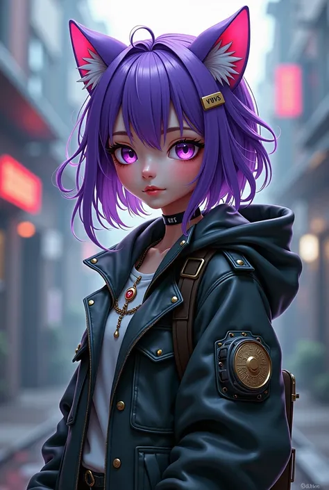 masterpiece,  of the best quality, (  highly detailed CG unity 8K wallpaper) (Cat ears), (best illustration), (best shadow),  pretty girl , Small chest,  wearing a rugged jacket , Robotic Arm,  cyberpunk background ,   extremely delicate and beautiful , (f...