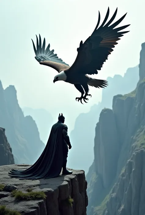 In the vast expanse of a surreal mountainous landscape, Batman stands on the edge of a cliff, facing a magnificent eagle. The eagles powerful wings and sharp talons are poised, its intense eyes fixed on Batman. Batman, with his dark cape billowing in the w...