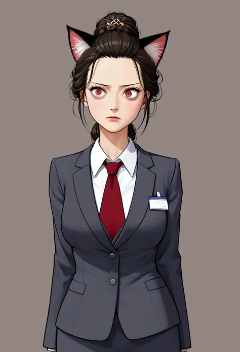 A cat eared girl (age 14, professional bearing, business suit, business hairdo, oversized eyes, struggling to remain calm), she is at a business meeting trying to give a presentation but someone is shining a red dot on the wall.