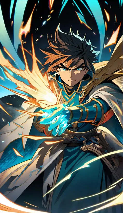 “A heroic fantasy character inspired by classic Japanese RPGs, casting a powerful spell in a dramatic battle scene. The character, a youthful warrior with short spiky dark hair, is wearing a royal blue battle robe with golden accents and a flowing silver c...