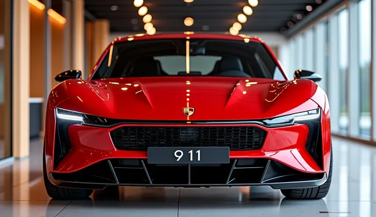 front view of painted red with shiny clour 2025 Porsche 911 SUV sleek in large shape sedan in large size with Porsche 911 SUV logo on its large detailed grille in shiny black clour with angular sporty design captured from close front view with modified sle...