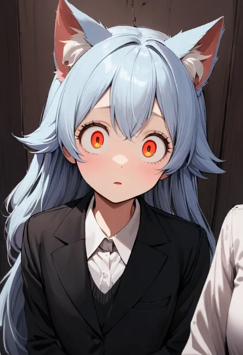 A cat eared girl (age 14, professional bearing, business suit, business hairdo, oversized eyes, struggling to remain calm), she is at a business meeting trying to give a presentation but someone is shining a red dot on the wall.
