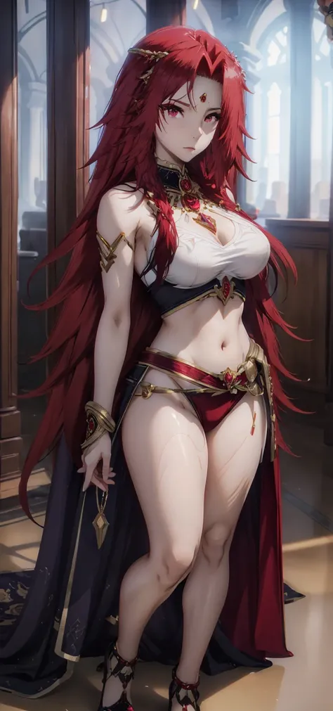 a ( super realistic ) beautiful( Iris midgar)WITH ( eyes WITH rojos)  and white clothing ( Detailed ) WITH gold jewellery on breast,  beautiful breasts(sexy),  long beautiful red hair , hyper  Detailed  cuerpo completo ( standing in a medium position )