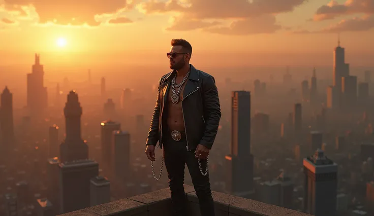 Achanakpur se CG tak, Sonu Bhai ka raaj hai:
A hyper-realistic portrait of a charismatic leader standing confidently on a rooftop at sunset, overlooking a sprawling cityscape with towering buildings, wearing a leather jacket and chains, exuding authority a...