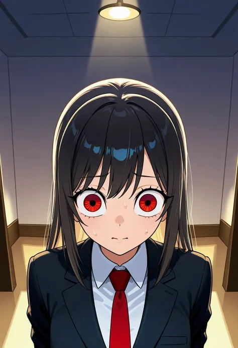 A cat eared girl (age 14, professional bearing, business suit, business hairdo, oversized eyes, struggling to remain calm), she is at a business meeting trying to give a presentation but someone is shining a red dot on the wall.
