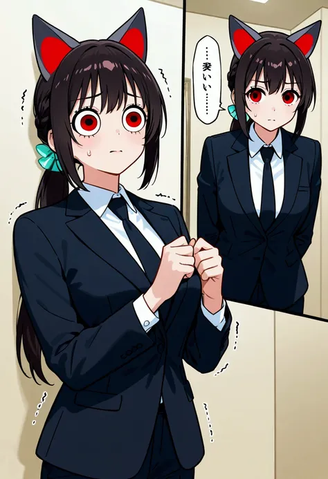 A cat eared girl (age 14, professional bearing, business suit, business hairdo, oversized eyes, struggling to remain calm), she is at a business meeting trying to give a presentation but someone is shining a red dot on the wall.
