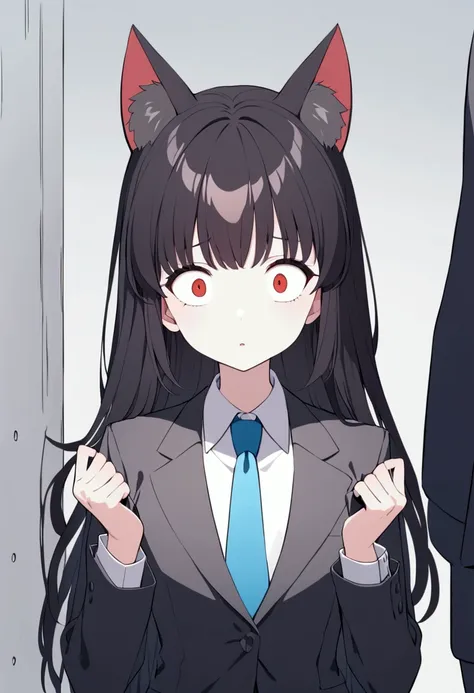 A cat eared girl (age 14, professional bearing, business suit, business hairdo, oversized eyes, struggling to remain calm), she is at a business meeting trying to give a presentation but someone is shining a red dot on the wall.
