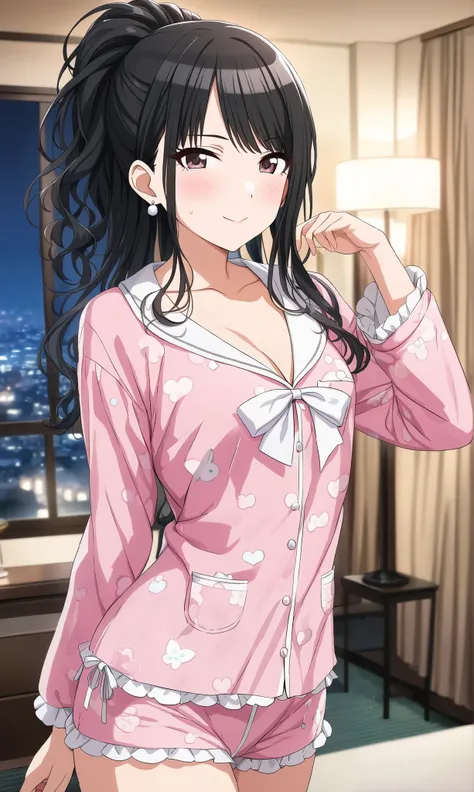 Source_anime, official style, (Hiori Kazano), ponytail, black hair, dark eyes, (The Idolmaster Shiny Colors), 1 girl , hair between eyes , small breasts, pretty butt, cleavage, (blight smile:1.1), ( sexy pajamas ), ( sexy pose :1.2), (Shy), ( pink...