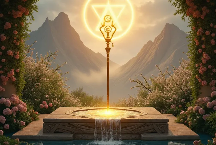 A serene and majestic depiction of Prophet Harun (AS), focusing on his role as a supporter and leader. The image features a glowing golden staff resting against an intricately carved stone altar surrounded by blooming flowers and flowing water. The backgro...