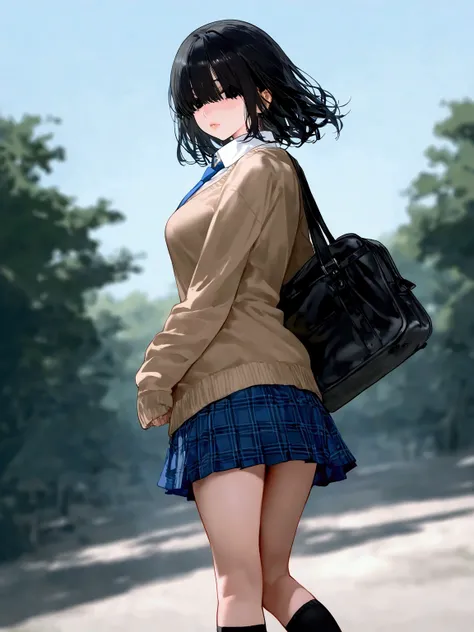 1girl, looking at viewer, looking back, standing, black hair, medium hair, bangs, hair over eyes, black eyes, lips, breasts, medium breasts, brown cardigan, sleeves past wrists, long sleeves, white shirt, collared shirt, blue necktie, blue skirt, plaid ski...