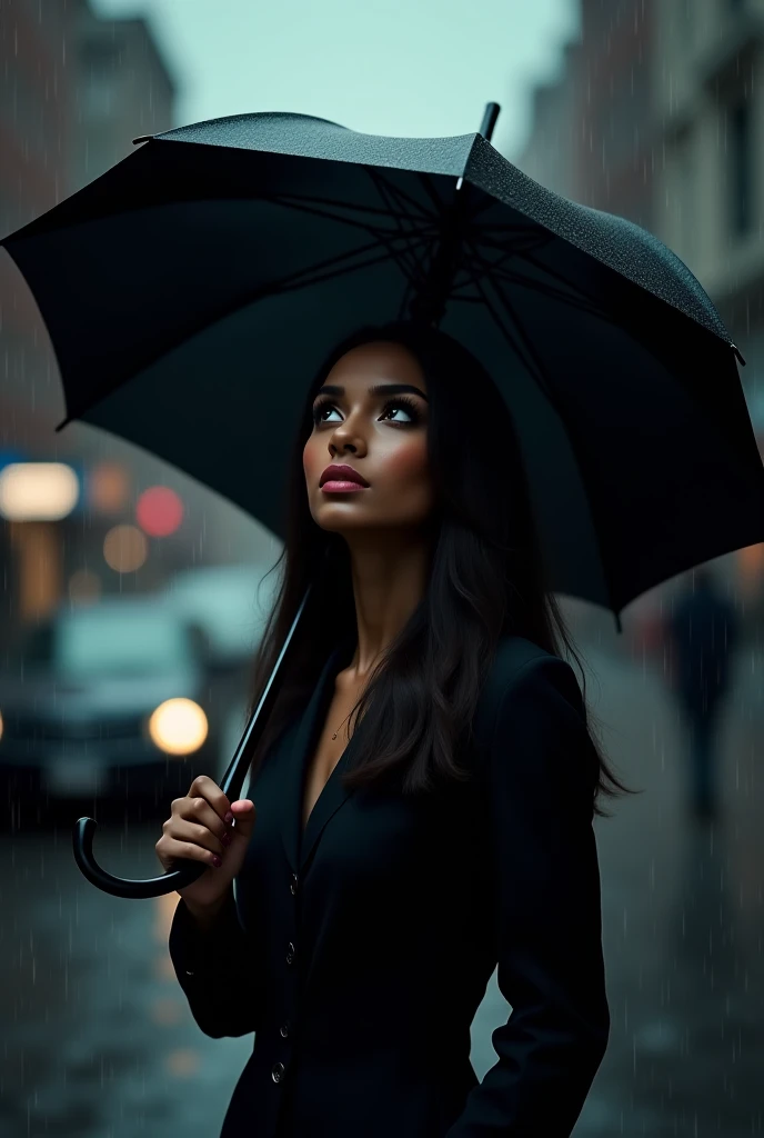 black woman with long black hair, serious, wearing decent clothes with umbrella, looking up with rainy background