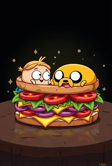 Créez-moi une image de fen et Jake de comic aventure time et de leur sandwich légendaire avec un fond noir, tenant le sandwich légendaire ensemble, le sandwich au milieu et il brille. Je veut le sandwich comme le comic plus réel et que les deux tener le sa...