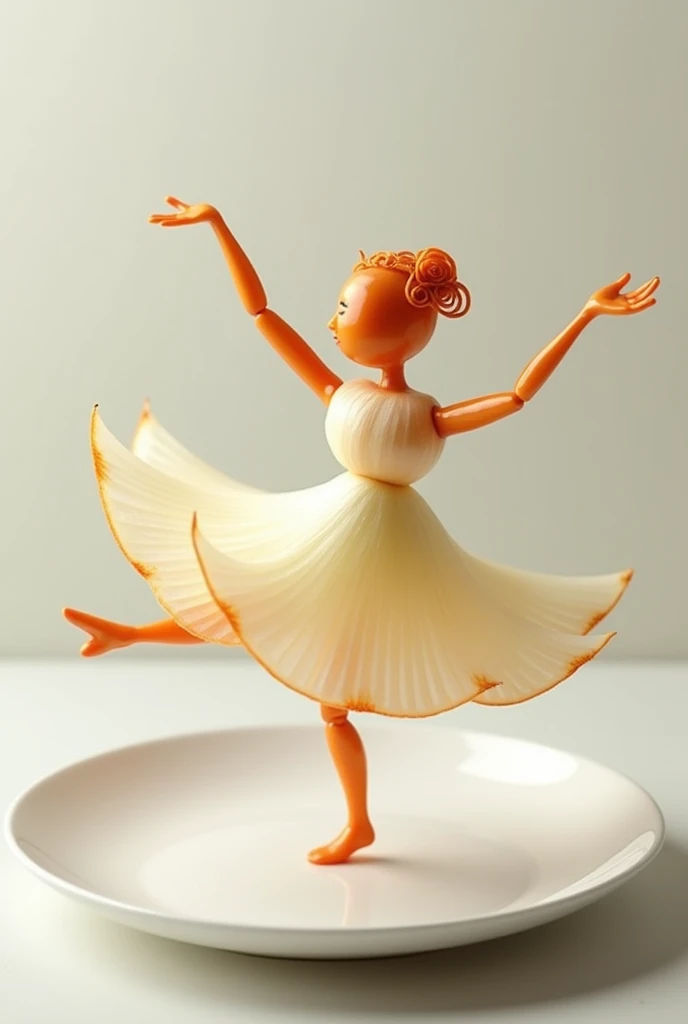 Create an image of onion pieces shaped like a person dancing gracefully on a plate