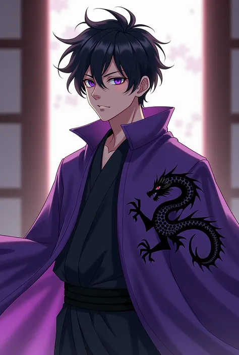 19-year-old boy with a mature face anime black hair with dojo cloak with black and purple dragon symbol