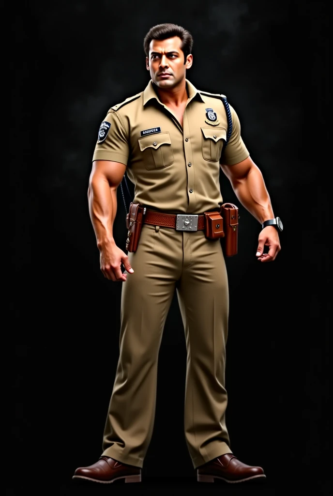 {
  "prompt": "A highly detailed, realistic portrait of Salman Khan as a police officer in the style of his Dabangg character. He is wearing a police uniform, complete with a badge, khaki shirt, and trousers. His muscular physique is visible, with detailed...