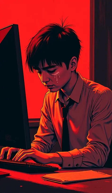 Hyperrealistic illustration in red and black ink of an office worker, wearing a tie, crying in a dark office. Sarcastic image, super resolution, super quality, volumetric lights.
