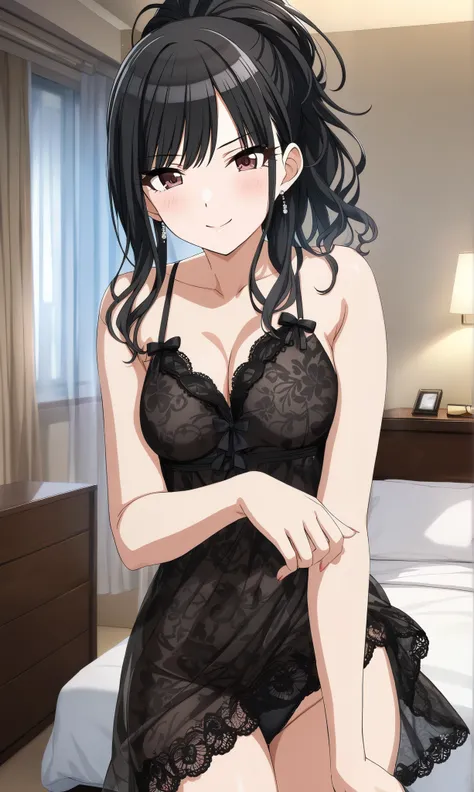  Source_anime, official style, (Hiori Kazano),  ponytail,  black hair,  dark eyes, (The Idolmaster Shiny Colors),  1 girl ,  hair between eyes ,  small breasts,  pretty butt,  cleavage, (blight smile:1.1), (black lace transparent sexy nightgown), ( sexy po...