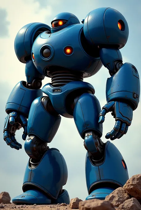 A pumped, round Syber robot ,  with a very dark dark blue color , with arms,  legs and lens from Cyclops viewfinder eyes and its left hand is a huge cannon rather than a hand. Do it in the style of Comics Stories  