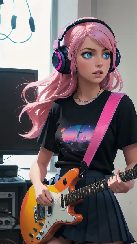 Raw photo, masterpiece, photorealistic, best quality, 1girl playing an electric guitar, black skirt, blue eyes, headphones, holding, holding plectrum, instrument, long hair, music, one side up, pink hair, playing guitar, pleated skirt, black shirt, indoors