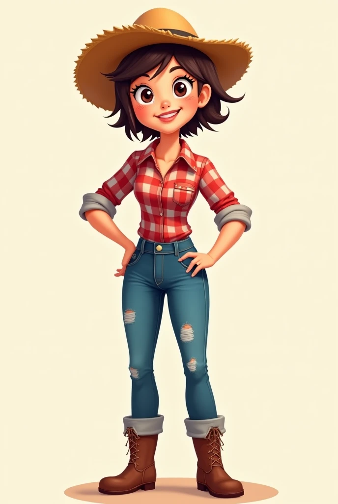 A cartoon-style female farmer character with a cheerful and friendly expression. She is wearing a red and white plaid shirt with rolled-up sleeves, blue jeans with patches or rips, and sturdy brown boots. Her hair is short to medium-length, slightly messy ...