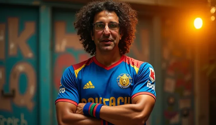 A cinematic shot frames Wasim Akram, 40, tall, well-built, with light skin, iconic medium-length wavy hair in slightly messy, voluminous curls, and thin rectangular prescription glasses. He models the Karachi Kings gangster hip-hop themed jersey, bold blue...