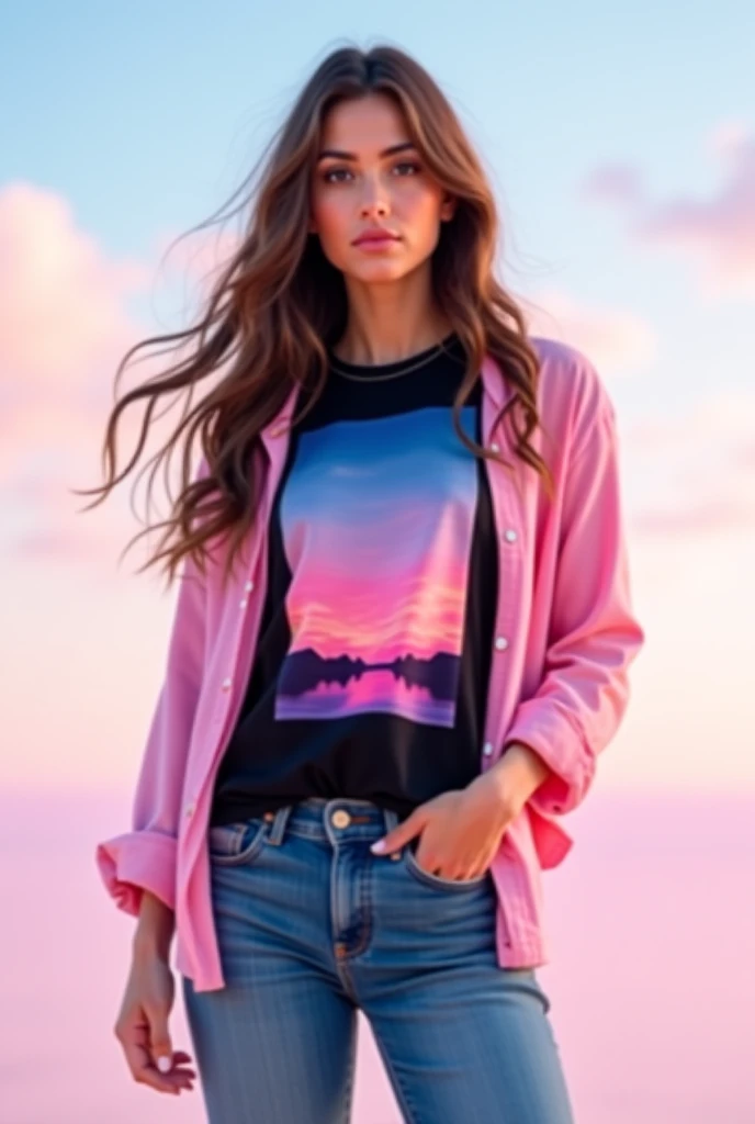 A woman wearing jeans wears a black screen top with a pink sky print, covered with a pink shirt.