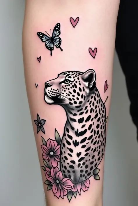 Make a base of flowers, thick lines and shadows, in a linear style, with a butterfly in half a large size and, above all, a female leopard looking at the sky in a somewhat realistic linear tattoo style, all in black and white, with some hearts. 