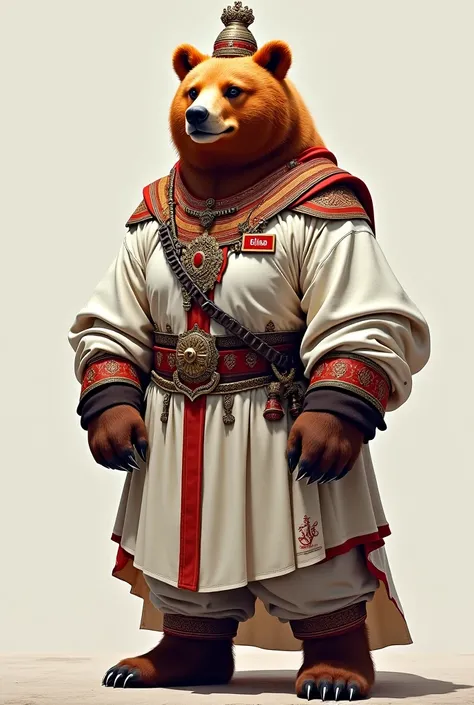 
 A valiant red bear using a white Islamic theme war outfit with peci on his head , with the nametag FATHER 