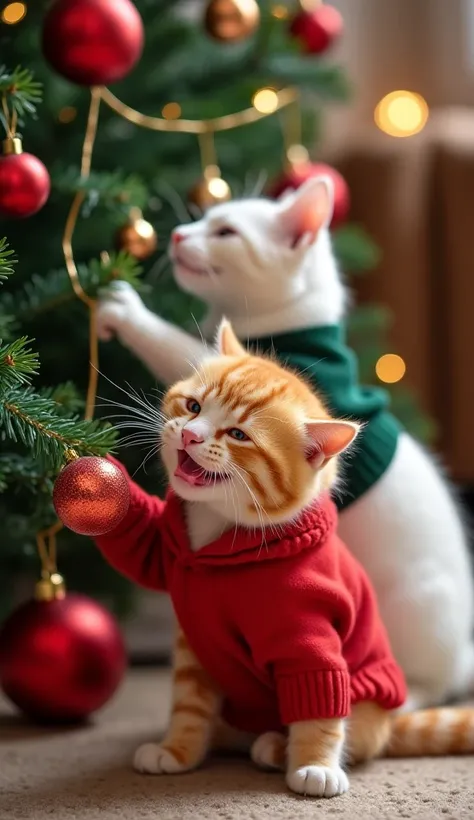 create realistic images CUTE ORANGE CAT IN A RED SWEETER playing with a decorative ball near the Christmas tree and laughing. In the background there is a white adult cat using a sweeter Green is putting up Christmas tree decorations. Create images consist...