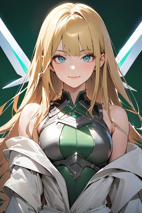 (green background:1.3), No wind, character sprite, wide shot, Break 
1 girl, (cute face), elegant, Confident Look, light smile, 19 years old, Tall, 170 cm tall,, Standing, full body, blonde long hair, hime cut, blue eyes, (medium breasts:1.2), slim, white ...