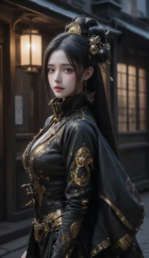 Best quality,rich details,best quality,standing posture,cyberpunk Chinese style,fusion of Chinese opera costumes and mecha,sense of technology,opera costumes,cyberpunk,punk,mechanical erosion,golden black theme,one girl,long hair,Hanfu,hair bun,gauze mask,...