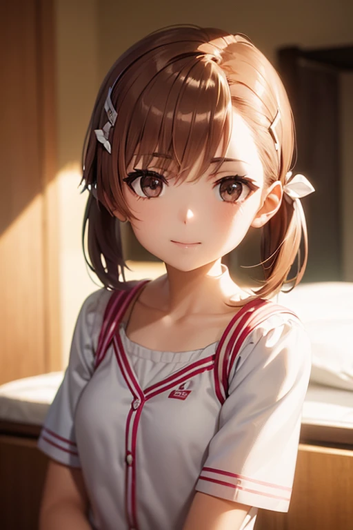 misaka mikoto、 shiny hair,  short hair, ( beautiful brown eyes、)、smile、 super detailed eyes、((hair clip)), highly detailed faces being avenged,  highly detailed eyes ,cowboy shot,、( One Girl )、 ,Master Piece,  top quality ,  high res, masterpiece , 





s...