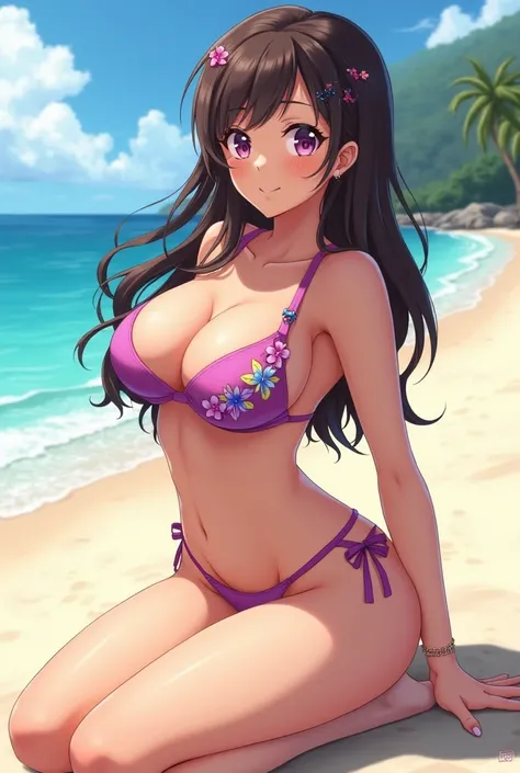 An anime girl who is at the beach in a bikini and who is buluptuous