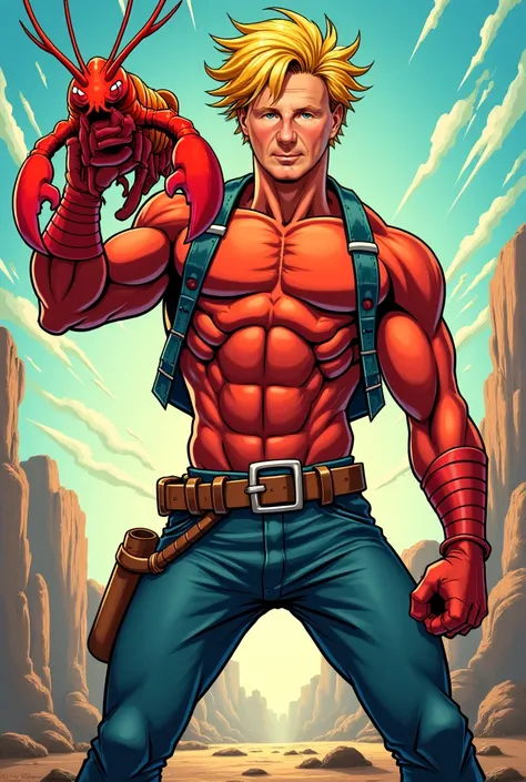  of the man in the picture , Who has blond hair ,  a not-so-trained hero, who fights with a crawfish .   Please create the comic-style picture  