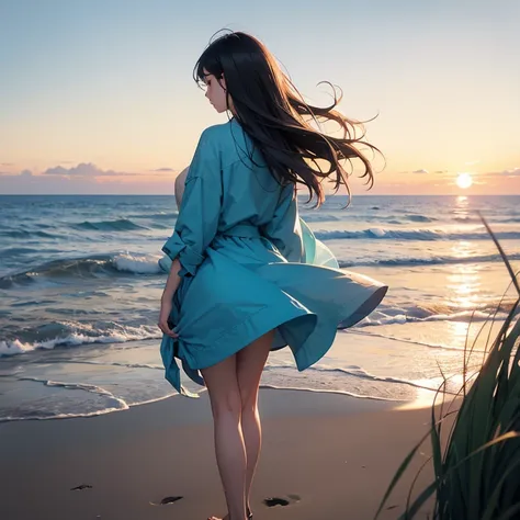 View from back, behind view, 1 girl, aged 20, show her full body, standing and looking away at the sea, by the sea waves, at the beach. Her arm cross position. hair flowing. At Sunset. foreground Sea oat grass. A girl composition is rule of third.

A girl ...